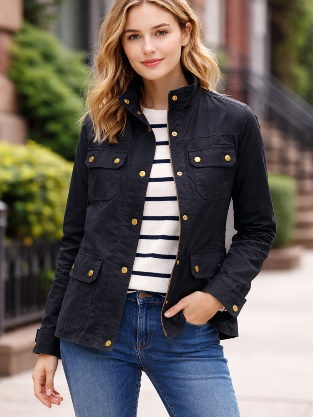 JCrew The Downtown Field Jacket Black Navy Zip Up Waxed size Medium
